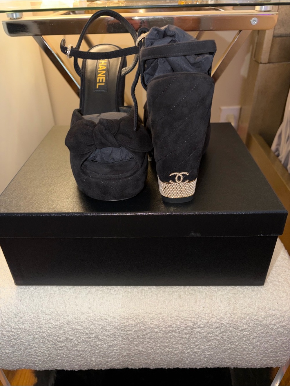 CHANEL Black Suede Platform Sandals with Bow and Pearl Heel Accent